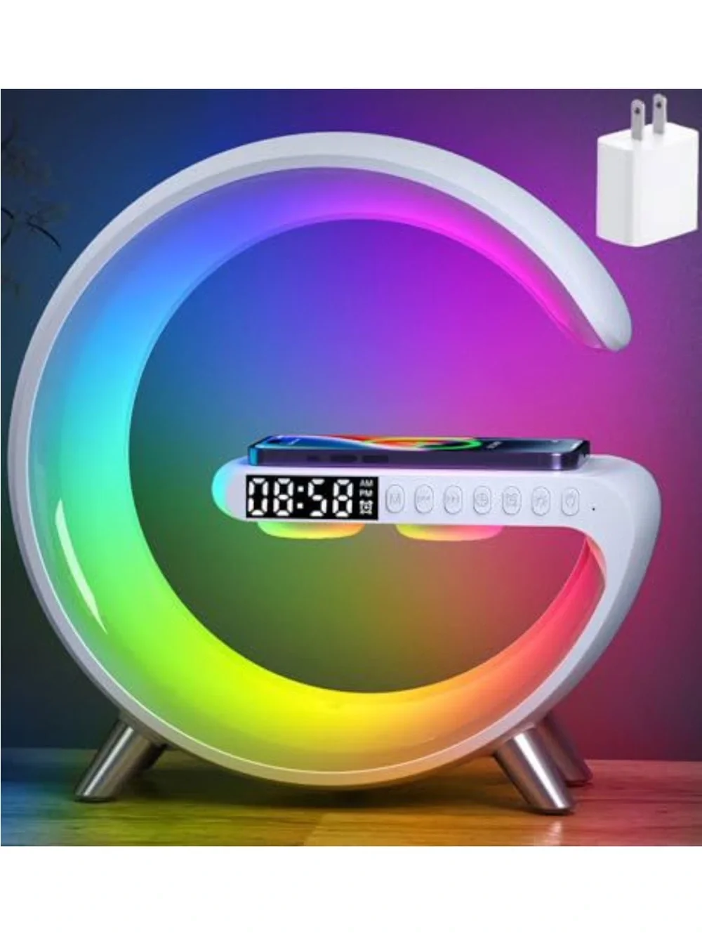 LED Rainbow Ring Alarm Clock with Wireless Charger